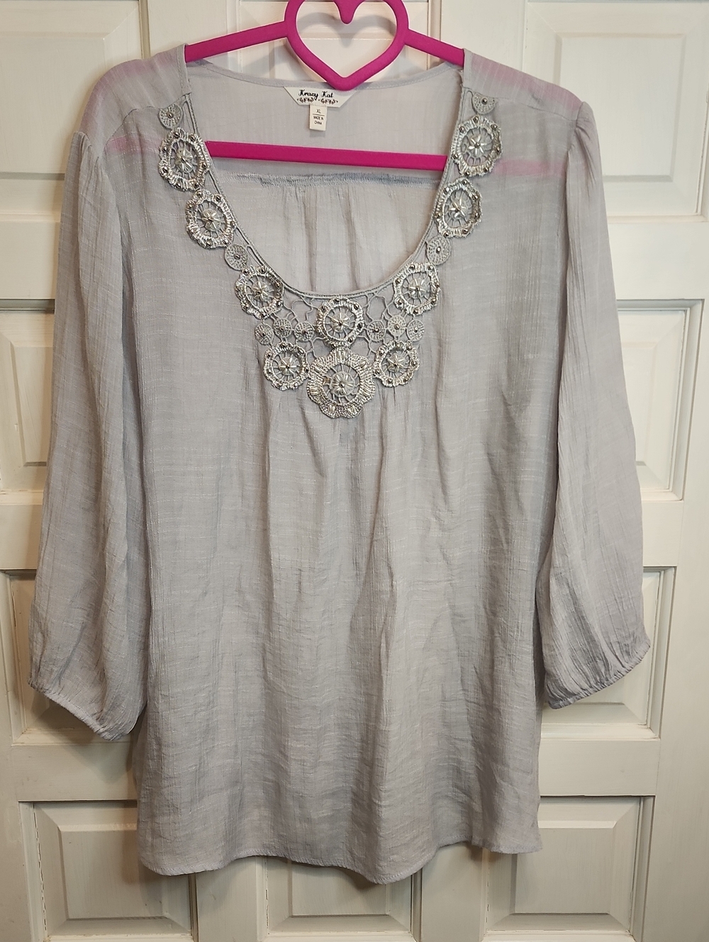 KRAZY KAT Light Gray Embellished Pearl Silver Beads Embroidered ScoopNeck Blouse